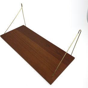 Vintage teaktr�shylde med messingbeslag 30 x 72 cm 