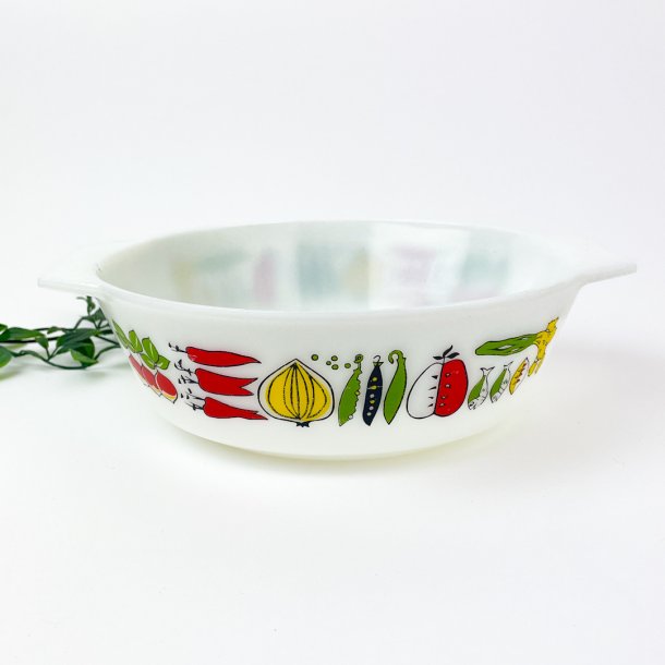 Vintage ildfast glasfad med grntsagsmotiv