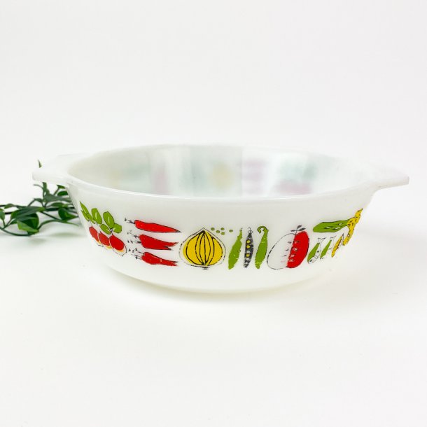 Vintage ildfast glasfad med grntsagsmotiv