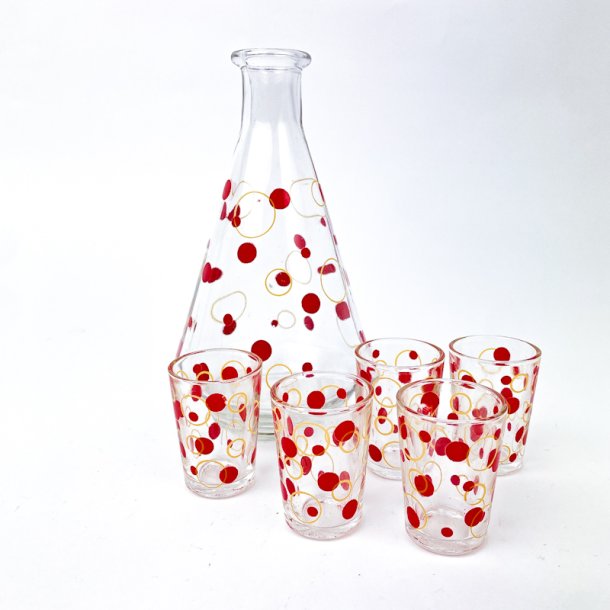 Retro-Karaffelset mit roten Punkten  sechsteilig