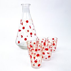 Retro-Karaffelset mit roten Punkten  sechsteilig