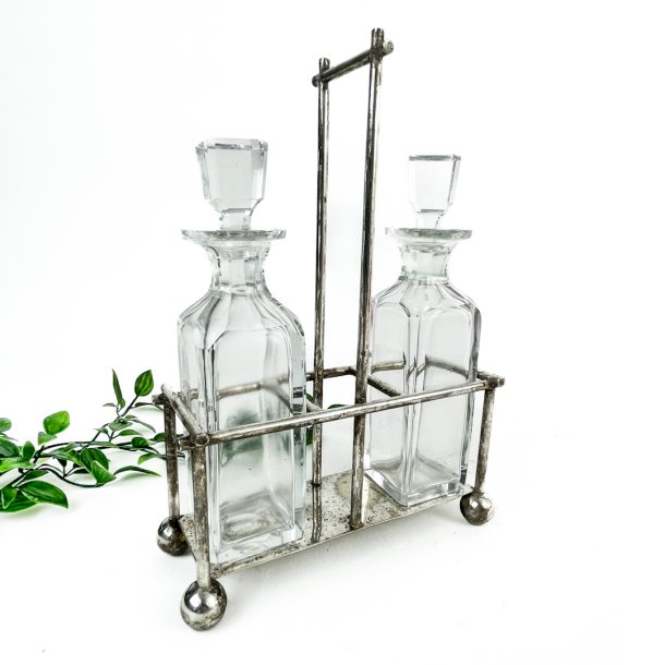 Vintage olie- og eddikest i glas og slv