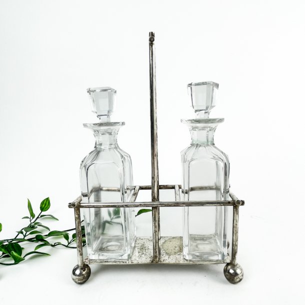 Vintage olie- og eddikest i glas og slv