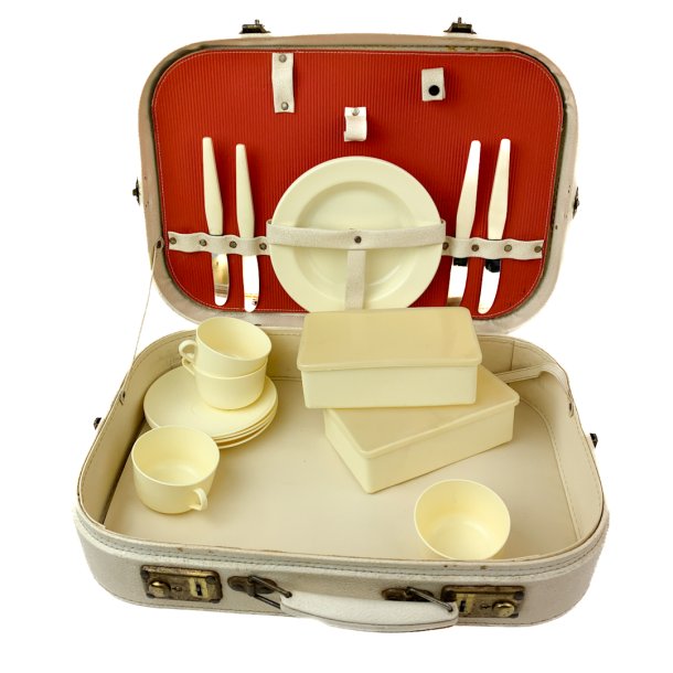 Vintage cremefarbener Picknickkoffer