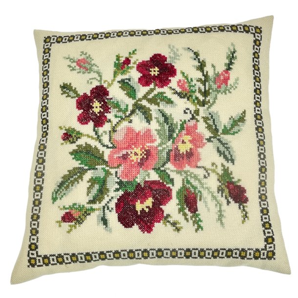 H�ndbroderet vintage pude med blomster
