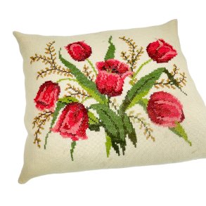 H�ndbroderet vintage pude med tulipaner