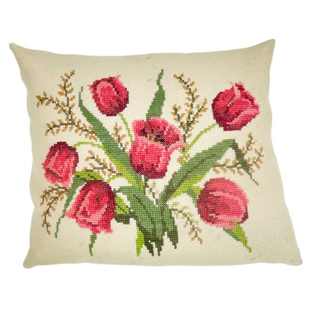 H�ndbroderet vintage pude med tulipaner