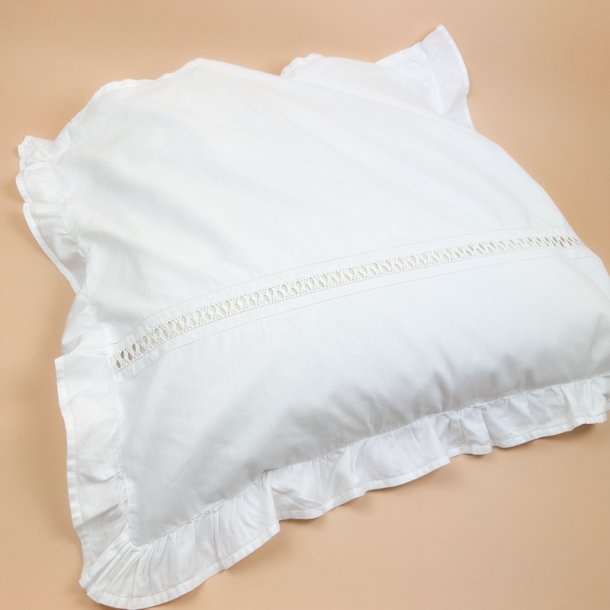 Hvidt vintage pudebetr�k med fl�sekant