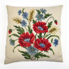 H�ndbroderet vintage pude med valmuer