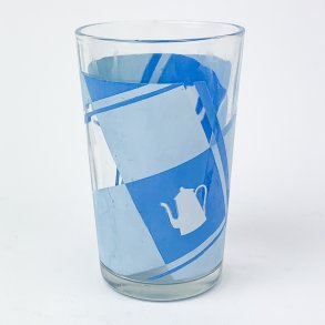 Retro Trinkglas mit blauem Teekannen-Motiv
