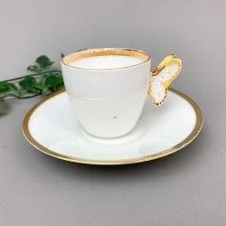 Vintage porcelnskop med sommerfugl  hvid og guldkant