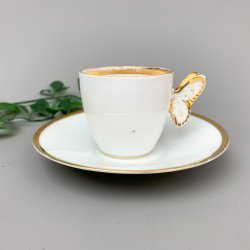 Vintage porcelnskop med sommerfugl  hvid og guldkant