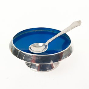 Vintage s�lvplettet saltkar med bl� emalje