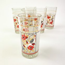 Seks retro glas med blomster