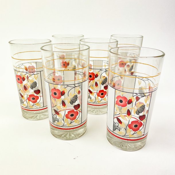 Seks retro glas med blomster