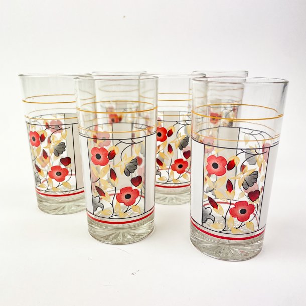 Seks retro glas med blomster