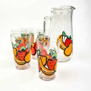 Seks glas og kande med frugtmotiv