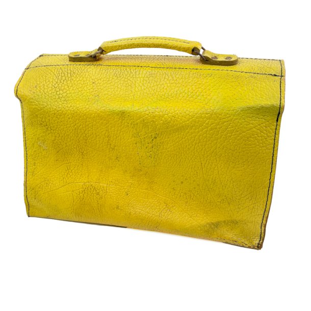 Kraftig gul vintage l�derskoletaske