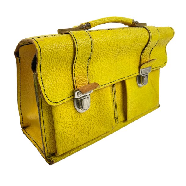 Kraftig gul vintage l�derskoletaske