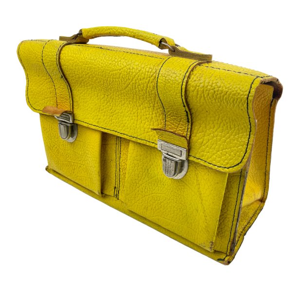Kraftig gul vintage l�derskoletaske