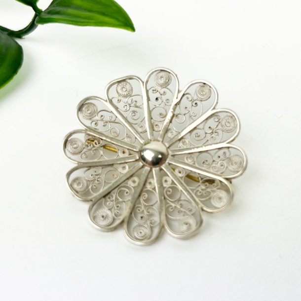 Vintage filigran blomsterbroche s�lv