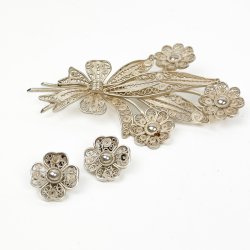 Vintage filigran blomsterbroche og �reclips s�lv