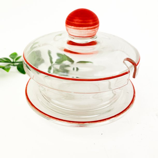 Vintage sukkersk�l i glas med r�d kant