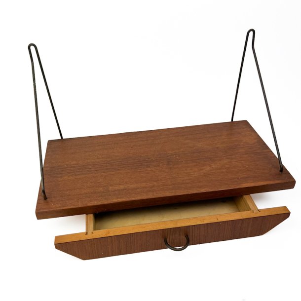 Teak retro v�ghylde med skuffe