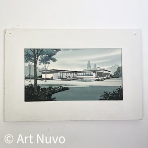 Original h�ndkoloreret vintage arkitekttegning