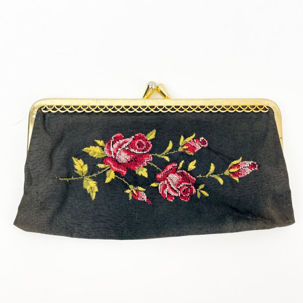 Sort vintage pung med rosenbroderi