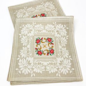 Vintage Damast-Tischdecke mit gestickten Rosen  