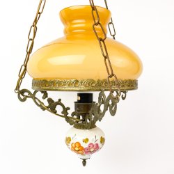 Gelbe Pendelleuchte aus Glas, Porzellan und Messing