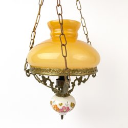 Gelbe Pendelleuchte aus Glas, Porzellan und Messing