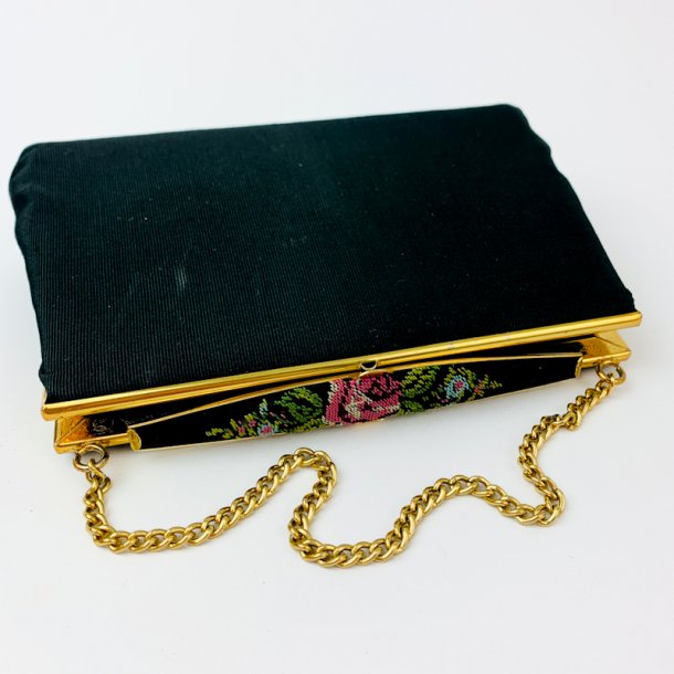 Sort vintage selskabstaske med petit point